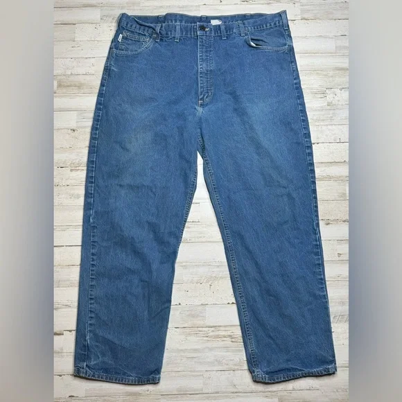 Carhartt FR Denim Blue Work Jeans Relaxed Fit Men 44x30 Workwear FRB100DNM USA - Picture 2 of 9